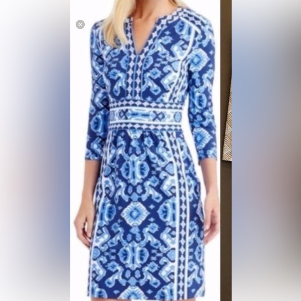 J. McLaughlin Lola Dress Catalina Cloth Blue White Chevron 3/4 Sleeves XS - Picture 7 of 7
